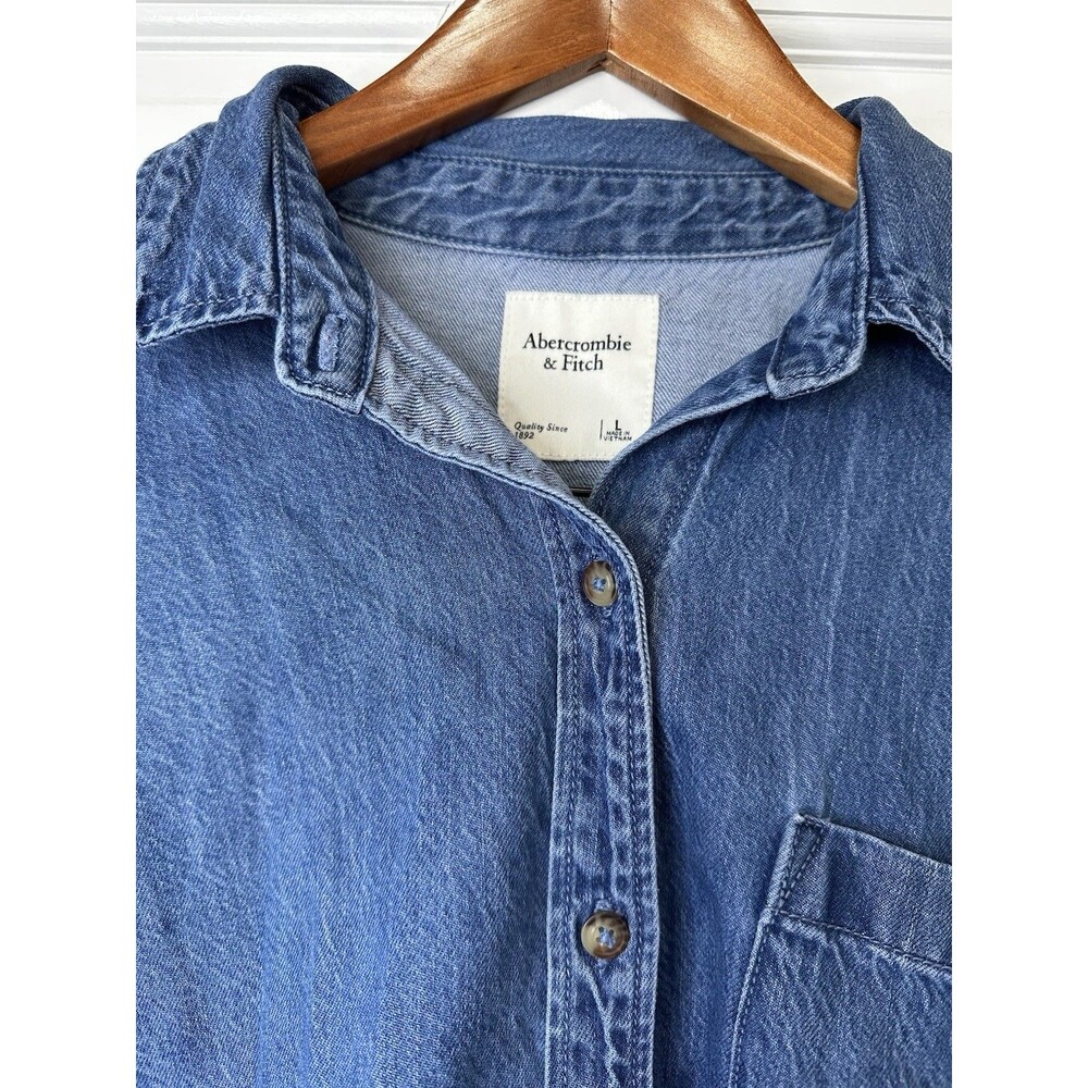 Abercrombie & Fitch Denim Collared Short Sleeve Blouse Blue L - Picture 3 of 4